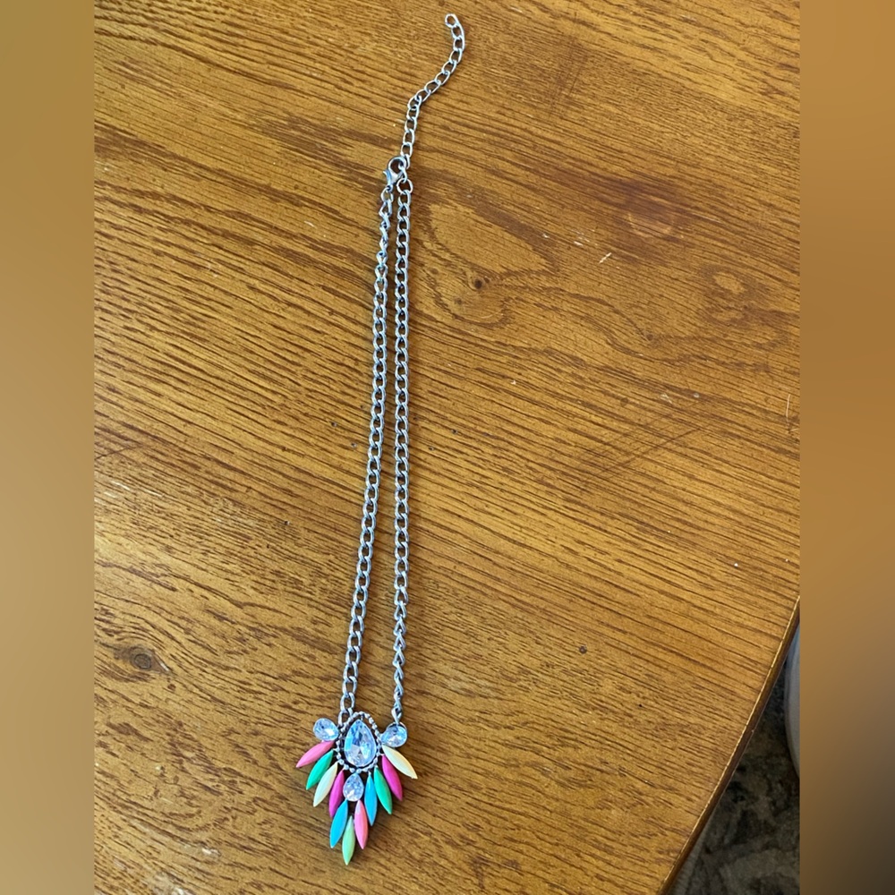 Vintage gemstones statement necklace on silver chain, beautifully crafted 11”